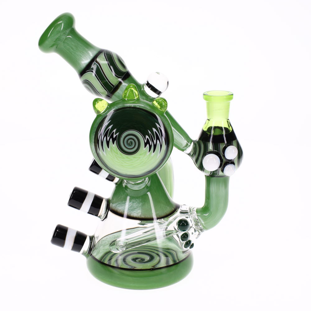 Hilljack Glass Light Green and Dark Green Worked Bubbler