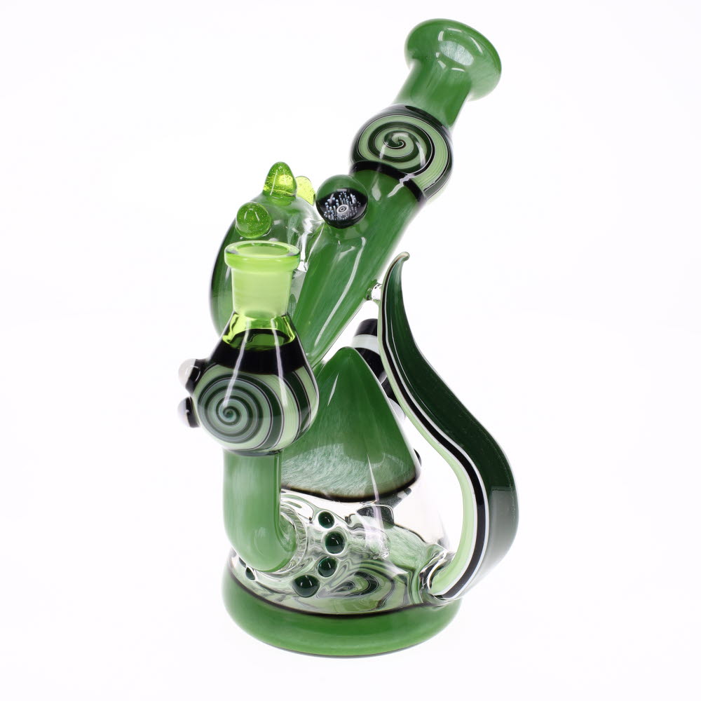 Hilljack Glass Light Green and Dark Green Worked Bubbler