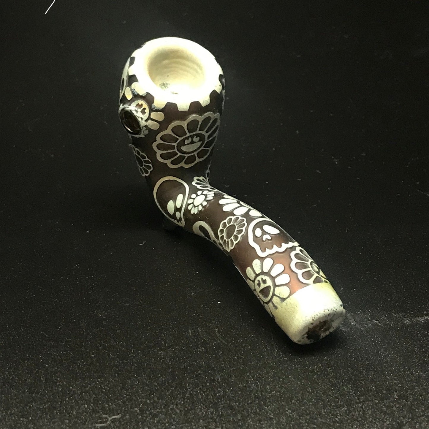 Joe Palmero Glass Deep Carve Smiley Floral Skull Pipe