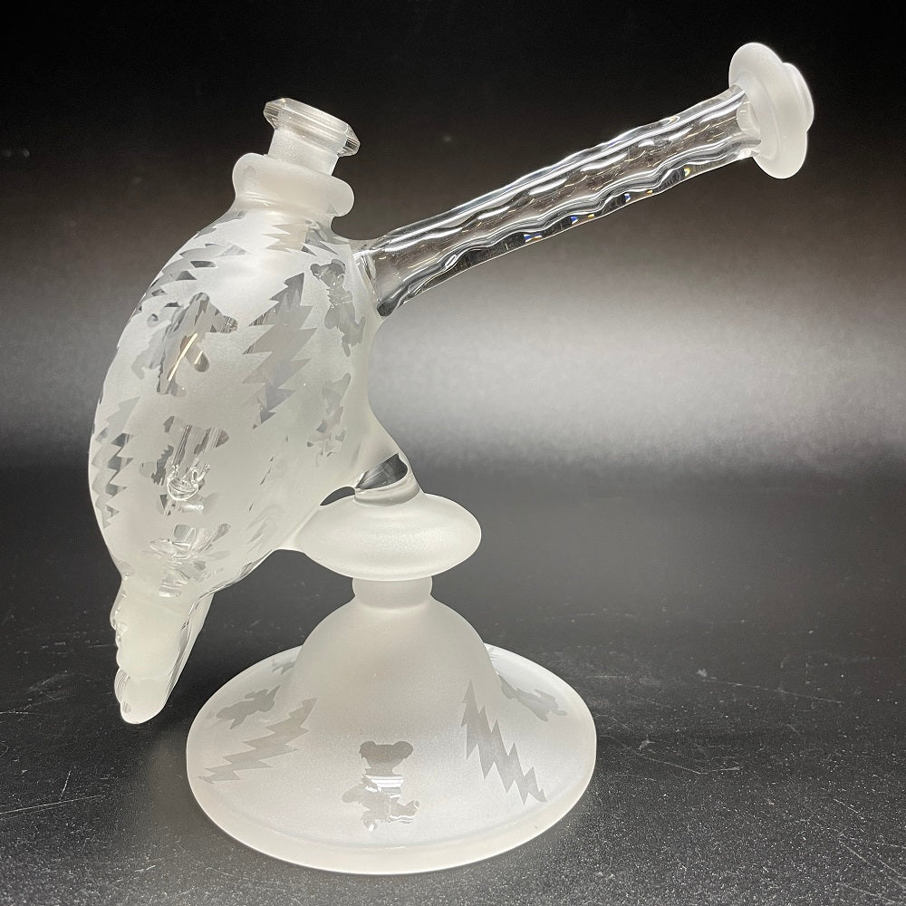 Katherman Glass Sandblasted Skull Dancing Bears & Bolts Bubbler with Clear Neck