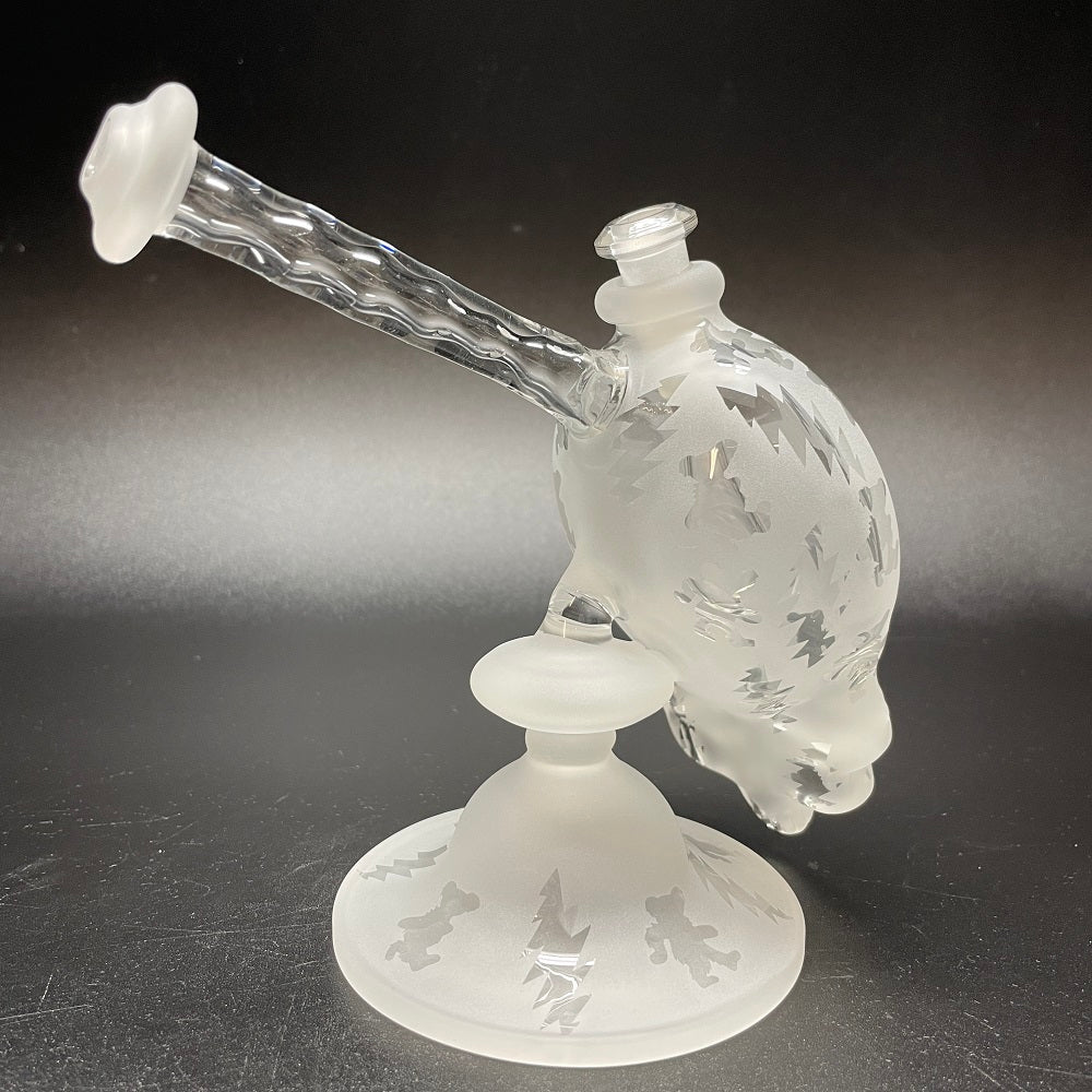 Katherman Glass Sandblasted Skull Dancing Bears & Bolts Bubbler with Clear Neck