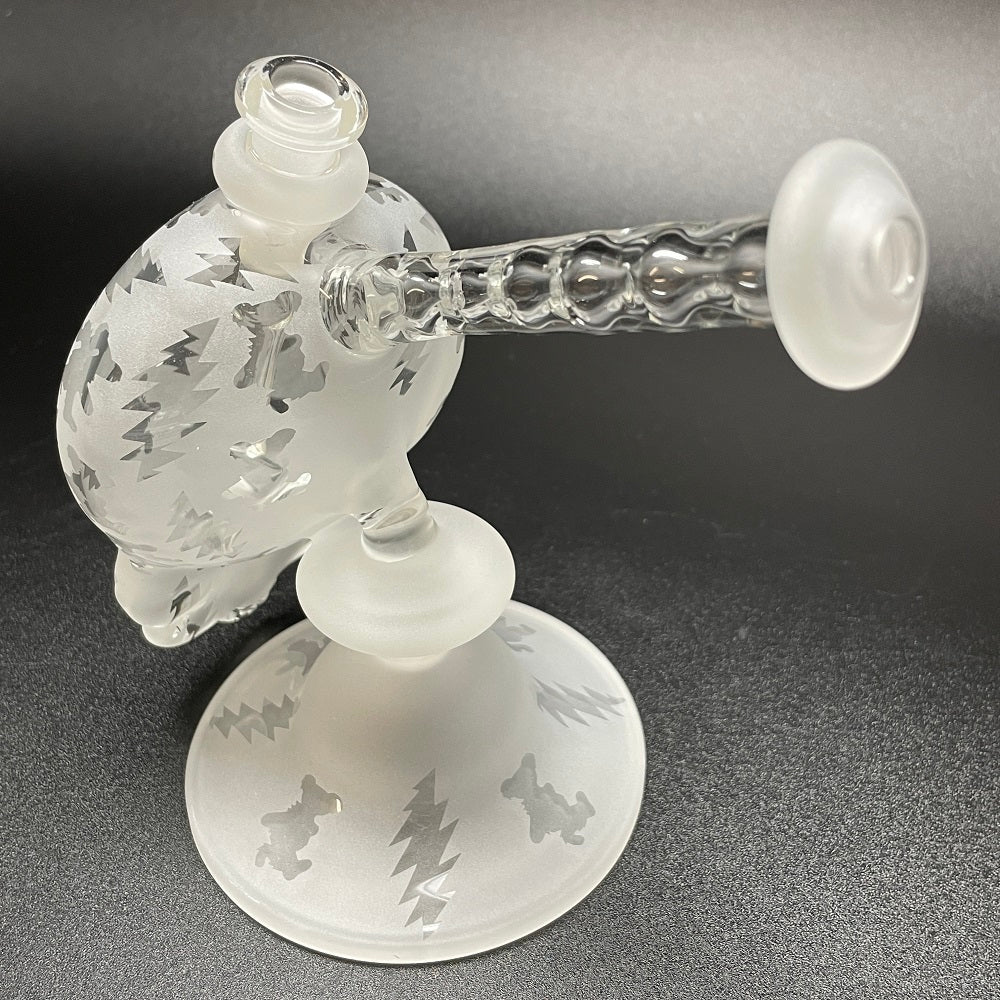 Katherman Glass Sandblasted Skull Dancing Bears & Bolts Bubbler with Clear Neck