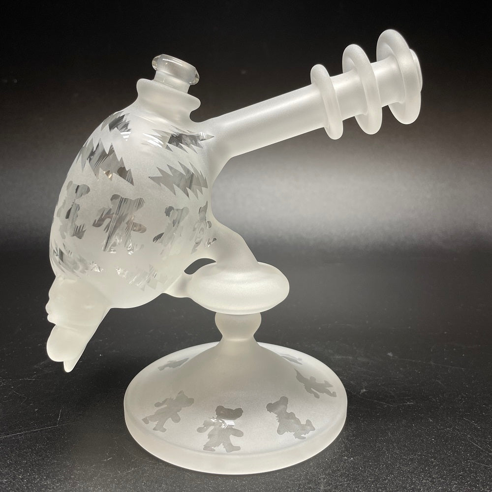 Katherman Glass Sandblasted Skull Dancing Bears & Bolts Bubbler with Frosted Neck