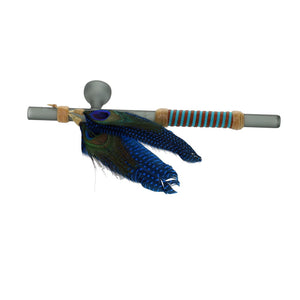 Owls Feather Glass Large Grey Peace Pipe with Peacock Feathers