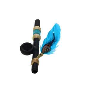 Owls Feather Glass Small Black Peace Pipe with Blue Feather & Wrap