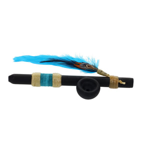 Owls Feather Glass Small Black Peace Pipe with Blue Feather & Wrap