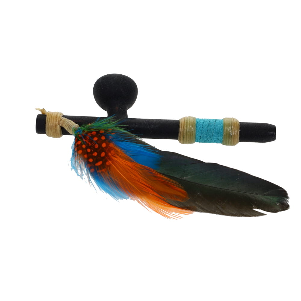 Owls Feather Glass Small Black Peace Pipe with Orange Dot Feather