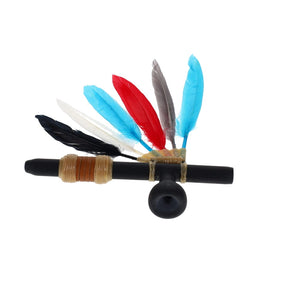 Owls Feather Glass Small Black Peace Pipe with Red & Blue Feather